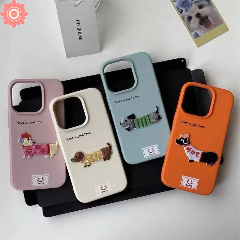แฟชั่นน่ารัก Macaron Puppy การ์ตูน Dachshund กรณีสําหรับ IPhone 16 15 11 14 13 12 Pro Max 15 14 16 Plus XR X XS Max สีทึบหรูหราผิวรู้สึกหนังกรณีเนื้อ