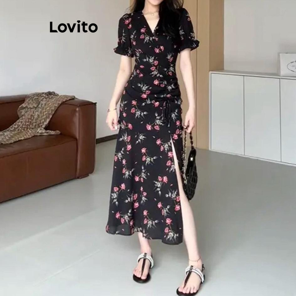 Lovito เดรสผู้หญิง ลายดอกไม้ แต่งผ่า รูดเชือก สีพื้น สไตล์ลำลอง LNM67216