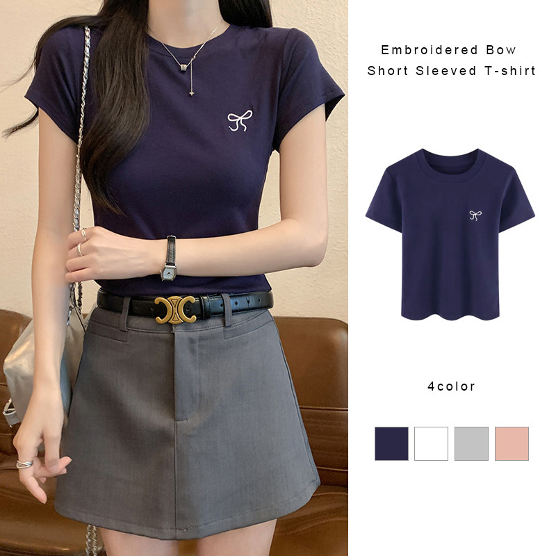 ปักโบว์แขนสั้นเสื้อยืดสลิมฟิตสั้นเสื้อยืดสีทึบรอบคอด้านบน ชั้น