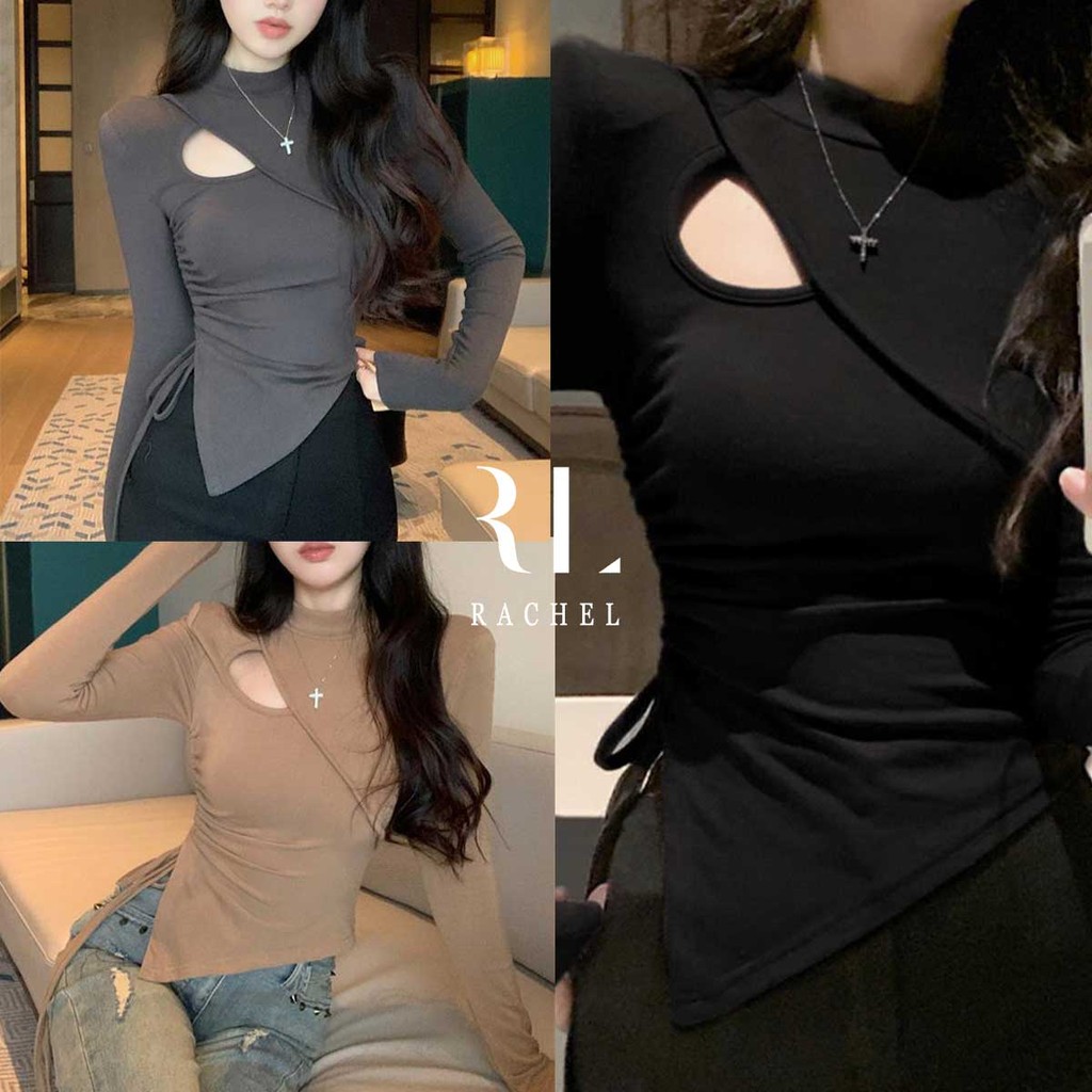 เสื้อแขนยาวสีดำ ใหม่ล่าสุด แบบลายเจาะรู เชือกรูด ทรงเข้ารูป
