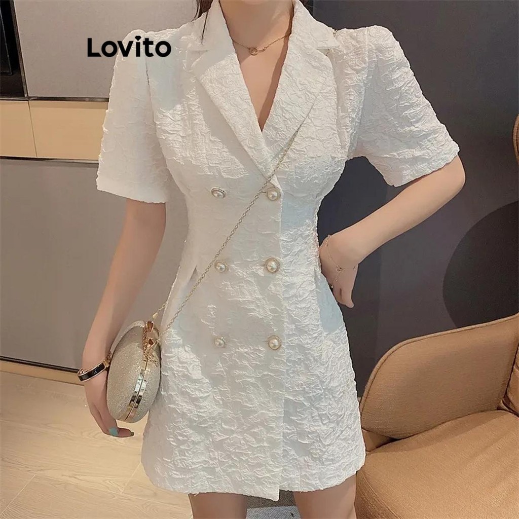 Lovito เดรสผู้หญิง มีกระดุม สีพื้น สไตล์หรูหรา LNE66041