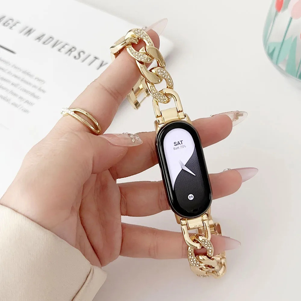 สร้อยข้อมือแบบปรับได้ง่ายสําหรับ Xiaomi Mi Band 9 8 สมาร์ทวอท์ชโลหะ Bling สายคล้อง Dressy สายรัดข้อมือสําหรับผู้หญิงทองไม่มีสี Fade ฉบับที่