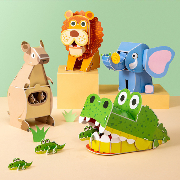 3d สามมิติสัตว์ปริศนาเด็กทําด้วยมือ DIY สนุกแทรกปริศนาการ์ตูนปริศนา