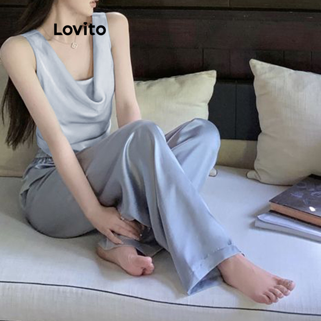 Lovito ชุดเซ็ทกางเกง แต่งจีบ แบบอสมมาตร สีพื้น สไตล์ลำลอง สำหรับผู้หญิง LNE68163