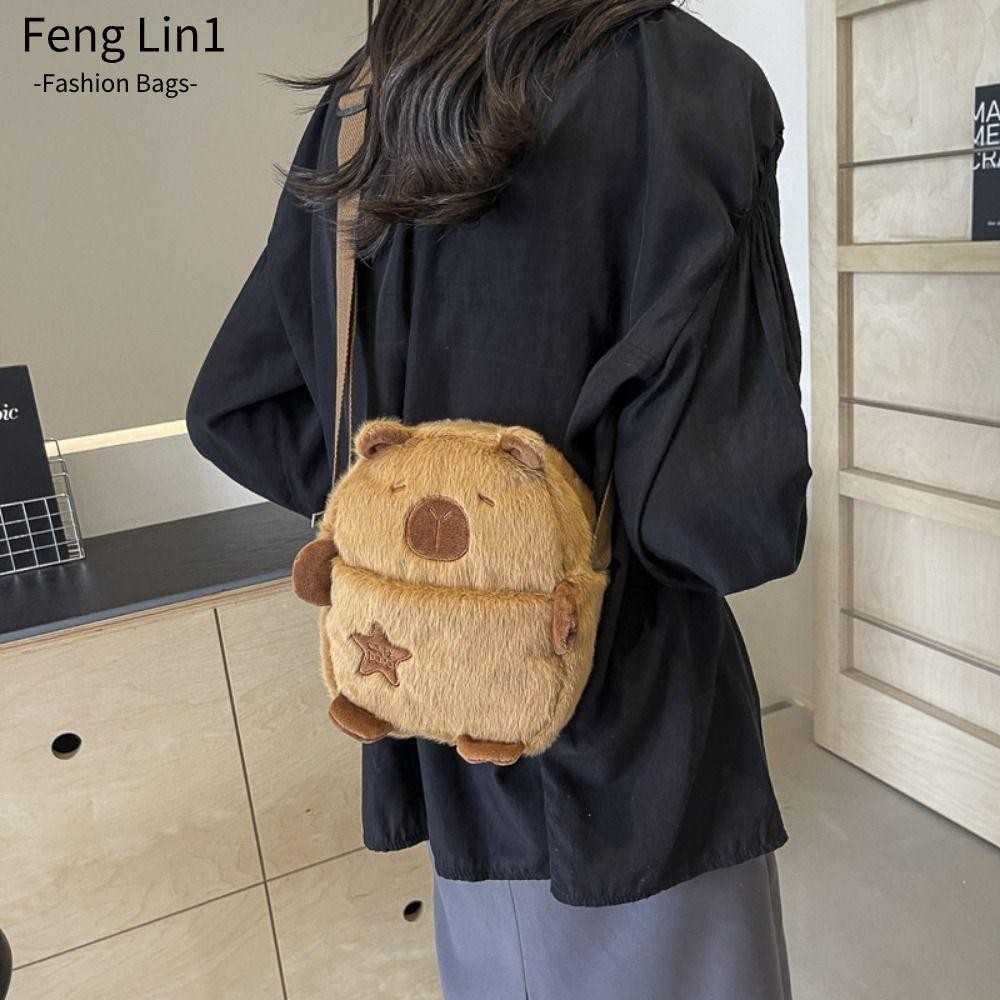 Fengling กระเป๋าสะพายข้าง,กระเป๋าใส่เหรียญตุ๊กตากระเป๋าสะพาย,ความจุขนาดใหญ่การ์ตูน Capybara ซิปกระเป๋าโทรศัพท์มือถือ