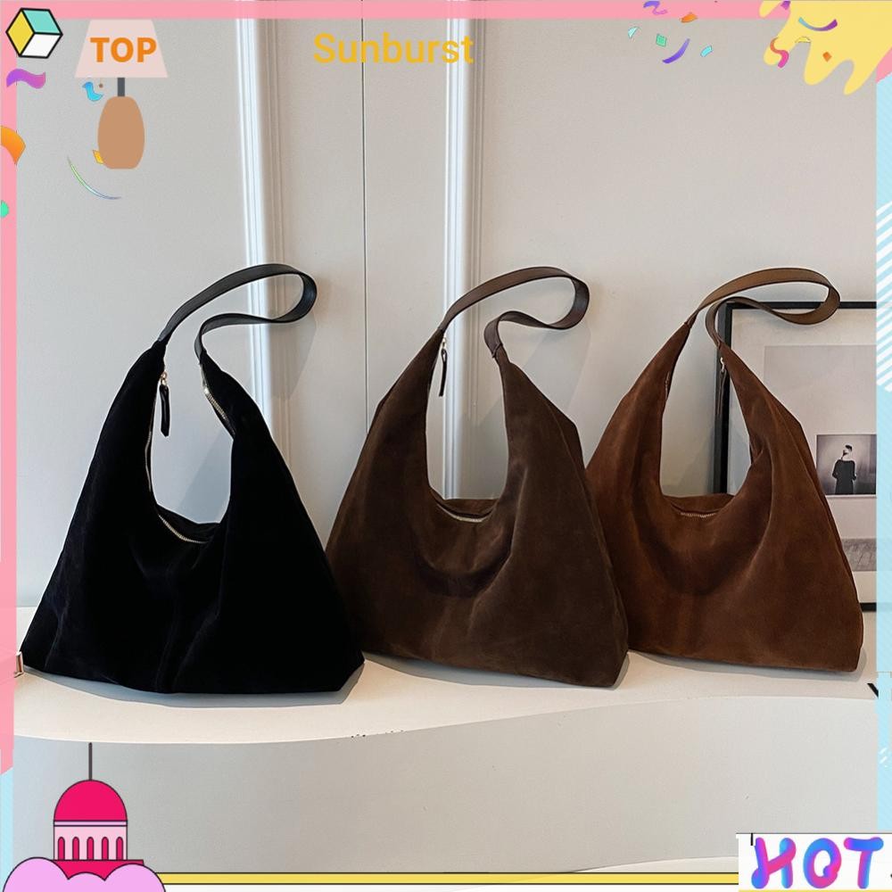 กระเป๋าสะพายสําหรับผู้หญิงมีซิป Hobo Bag PU Leather Solid Commuter Travel Bag [Sunburst11.th]
