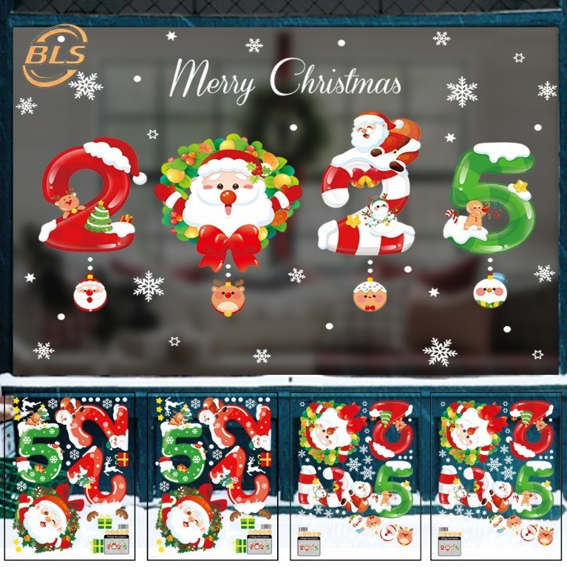 2025 ปีใหม่ Merry Christmas สติกเกอร์หน้าต่าง - Elk Santa Claus Window Clings Decal - ตกแต่งคริสต์มาสสําหรับ Home Navidad