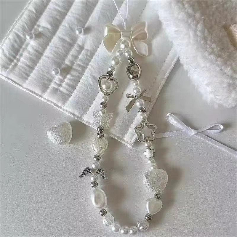 Baroque Bowknot ดอกไม้หัวใจลูกปัดสายโทรศัพท์ Charm สําหรับ iPhone Accessrioes Chain Lanyard ผู้หญิงสาวกระเป๋าจี้เครื่องประดับเชือกโซ่