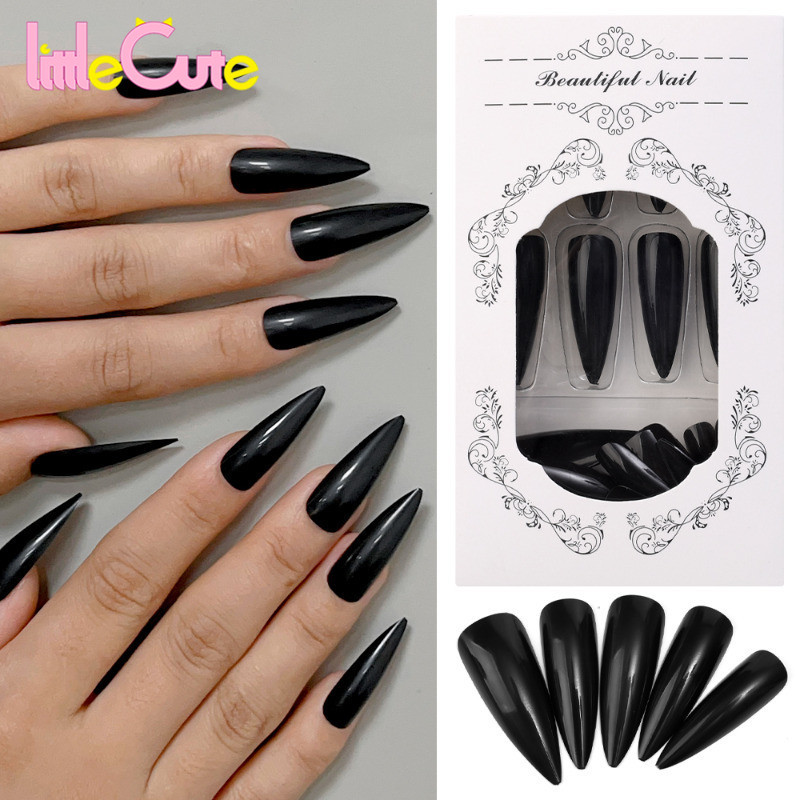 เล็บปลอมที่สวมใส่ได้สีดํา-แพทช์เสริมเล็บสีทึบ-เครื่องมือเล็บกาวตนเอง-แผ่นแปะเล็บเทียม- ทําเอง สติกเกอร์เล็บปลายยาว-เล็บปลอมถ