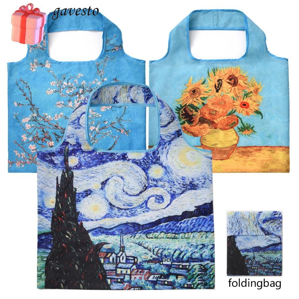 Gavesto Van Gogh กระเป๋าสะพายไหล่ กระเป๋าช้อปปิ้ง พิมพ์ลายภาพวาดสีน้ํามัน แบบพกพา พับได้