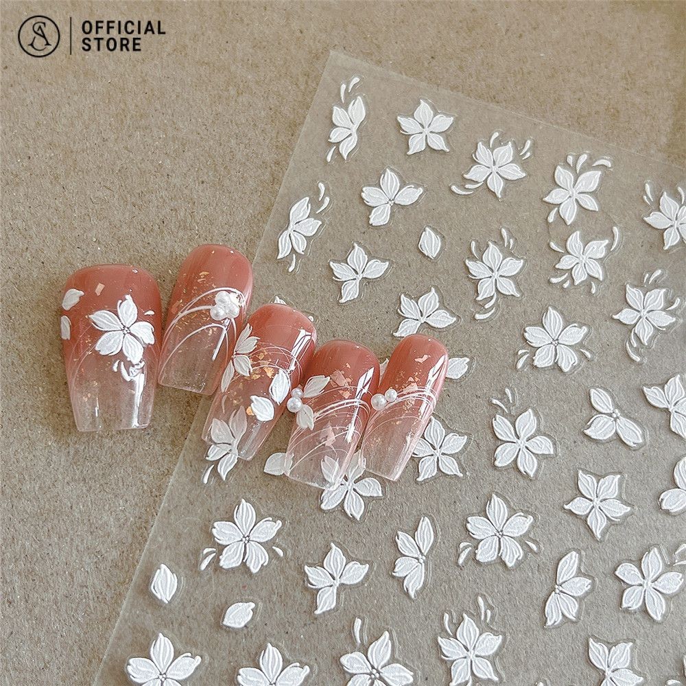 สติ๊กเกอร์ดอกไม้สีขาวขนาดเล็ก สติ๊กเกอร์เล็บดอกไม้สด สติกเกอร์ตกแต่งเล็บนูน อุปกรณ์ เสริม
