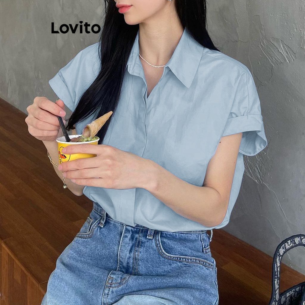 Lovito เสื้อเบลาส์ผู้หญิง เบสิก สีพื้น สไตล์หรูหรา LNE44082