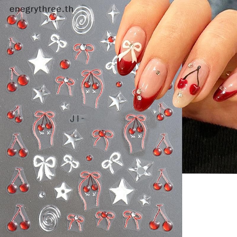 Th & Fashion Fashion Red Cherry Rowknot 3D Nail Sticker Self-Adhesive Nail Art Decorative Sticker For Women Nails DIY Decals Decorative.