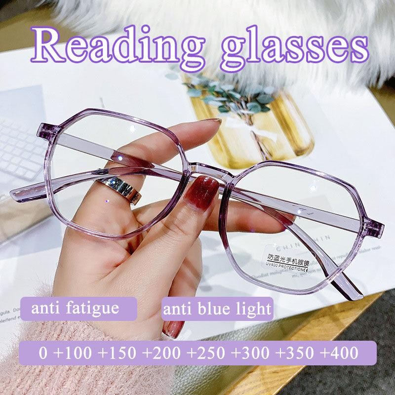 Anti-blue Light แว่นตาอ่านหนังสือผู้หญิงรูปหลายเหลี่ยมแว่นตาสําหรับสายตายาวแว่นตาแว่นตาเกรด + 100 ~ + 400