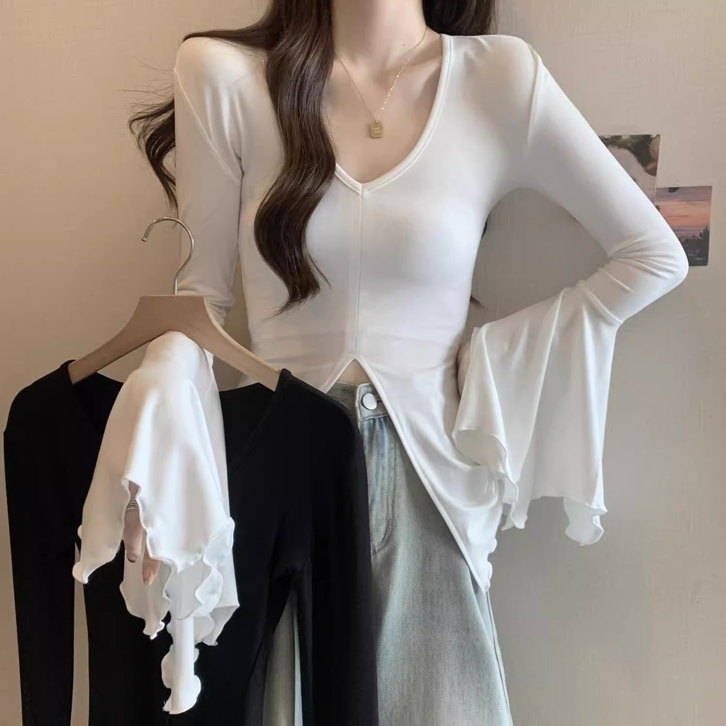 Nop | สาวร้อนคอวี Flared Sleeve เสื้อยืดผู้หญิง Slim-fit Slimmer ดูแยกออกแบบแขนยาว