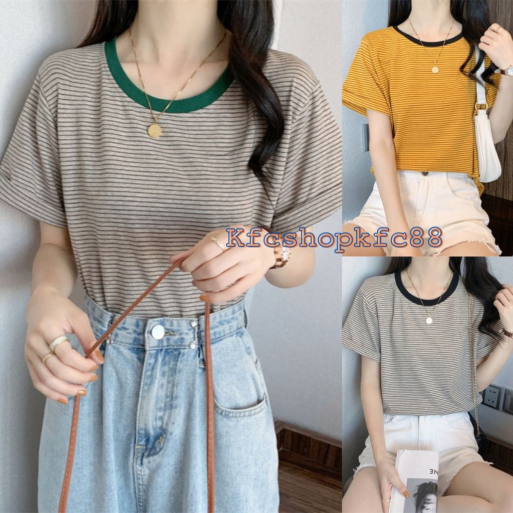 🌟KFC🌟เสื้อยืดลายทาง คอกลม ใส่สบาย แฟชั่นฤดูร้อน #9305