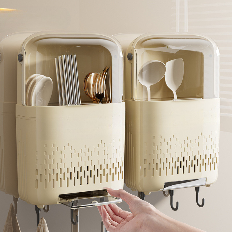 กล่องเก็บช้อนส้อม ติดผนัง ที่ใส่ช้อนส้อม ที่ใส่ตะเกียบ พร้อมตะขอ แบบมีฝาปิด กันฝุ่น ความชื้น - รูปที่ 7