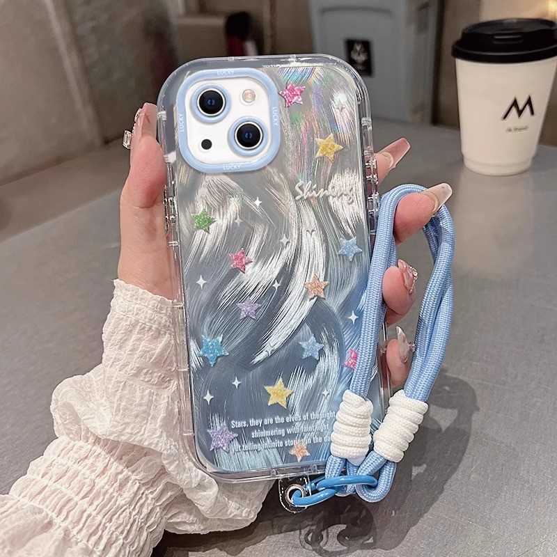 สําหรับiphone 15 14 13 12 11 Pro MAX X XR XS MAX 7 8 Plus INS Blueไล่ระดับสีRainbow star Featherผ้าไหมรูปแบบเคสโทรศัพท์สายรัดข้อมือ