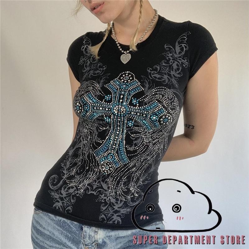 Super-goth เสื้อยืด y2k ความงาม Fairy Grunge เสื้อผ้า Rhinestone Cross Wings รูปแบบเสื้อแขนสั้นผู้หญิง