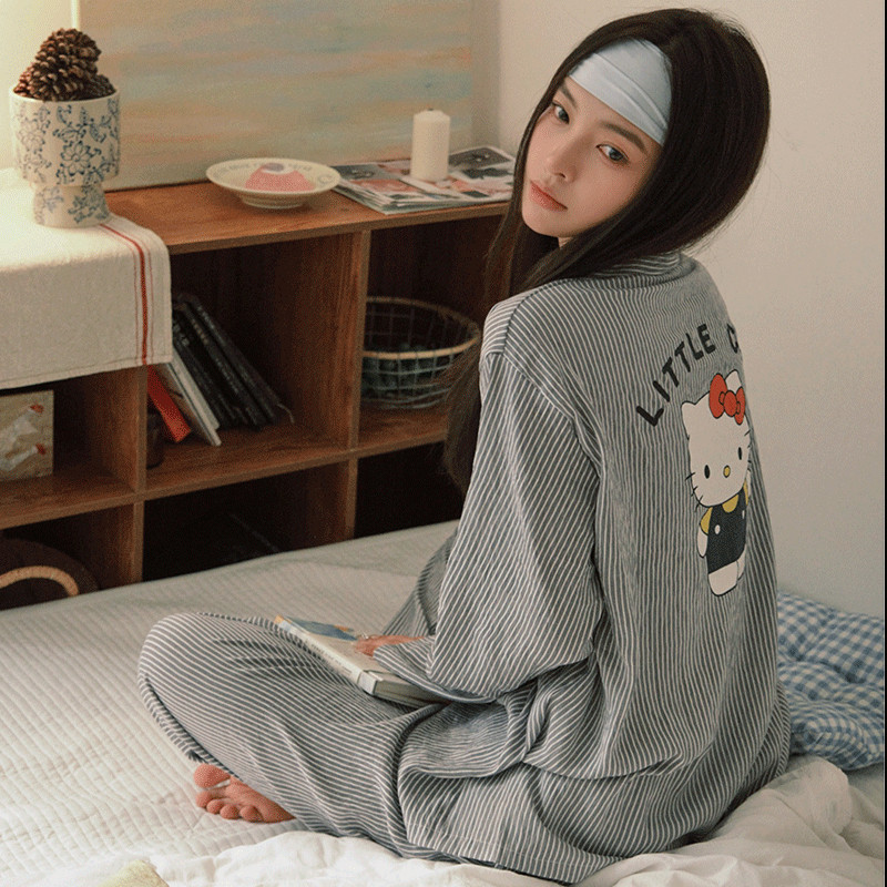 ชุดนอนสตรีฤดูใบไม้ร่วงแขนยาวขนาดบวกคาร์ดิแกนหลวมของผู้หญิงด้านนอก homewear สูทผ้าฝ้ายเมฆ