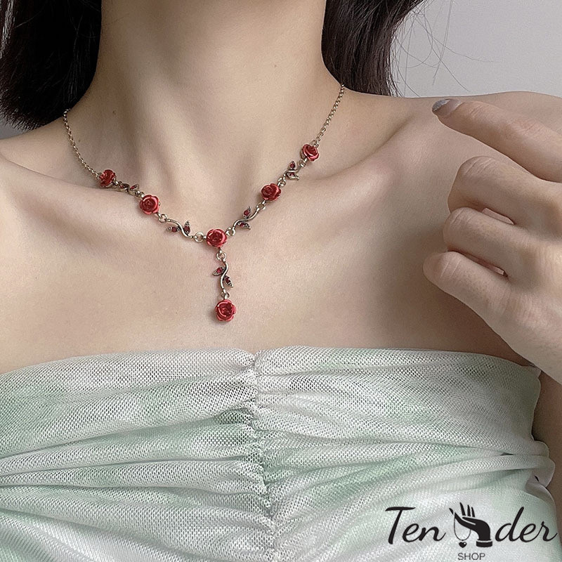 COD-ส่งเร็วจากไทย🎀วินเทจดอกไม้ฝรั่งเศสสร้อยคอผู้หญิงส่วนบุคคลไหปลาร้าโซ่แฟชั่นสร้อยคอกุหลาบแดง-Tender