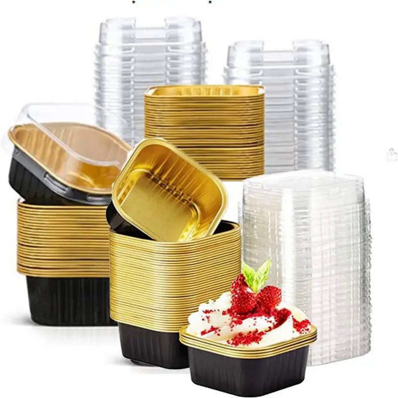 40PCS Square Mini Cake Pans with Lids,Disposable aluminum foil Baking Cups Muffin Tins Cupcake Cups 