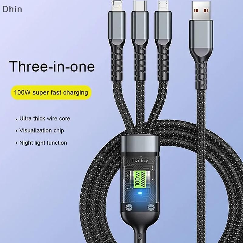 [Dhin] สายชาร์จเร็ว 100W สายชาร์จอเนกประสงค์ไนลอนถักหลาย USB Universal 3 In 1 อะแดปเตอร์ชาร์จสายไฟพร้อม Type-C Micro COD
