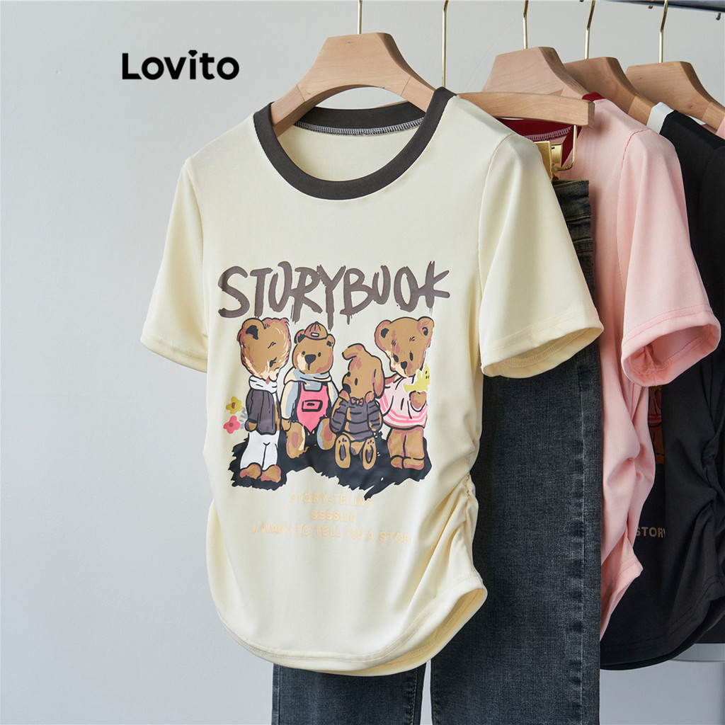 Lovito เสื้อยืดผู้หญิง สีพื้น แบบพิมพ์ลาย สไตล์ลำลอง LNE61317
