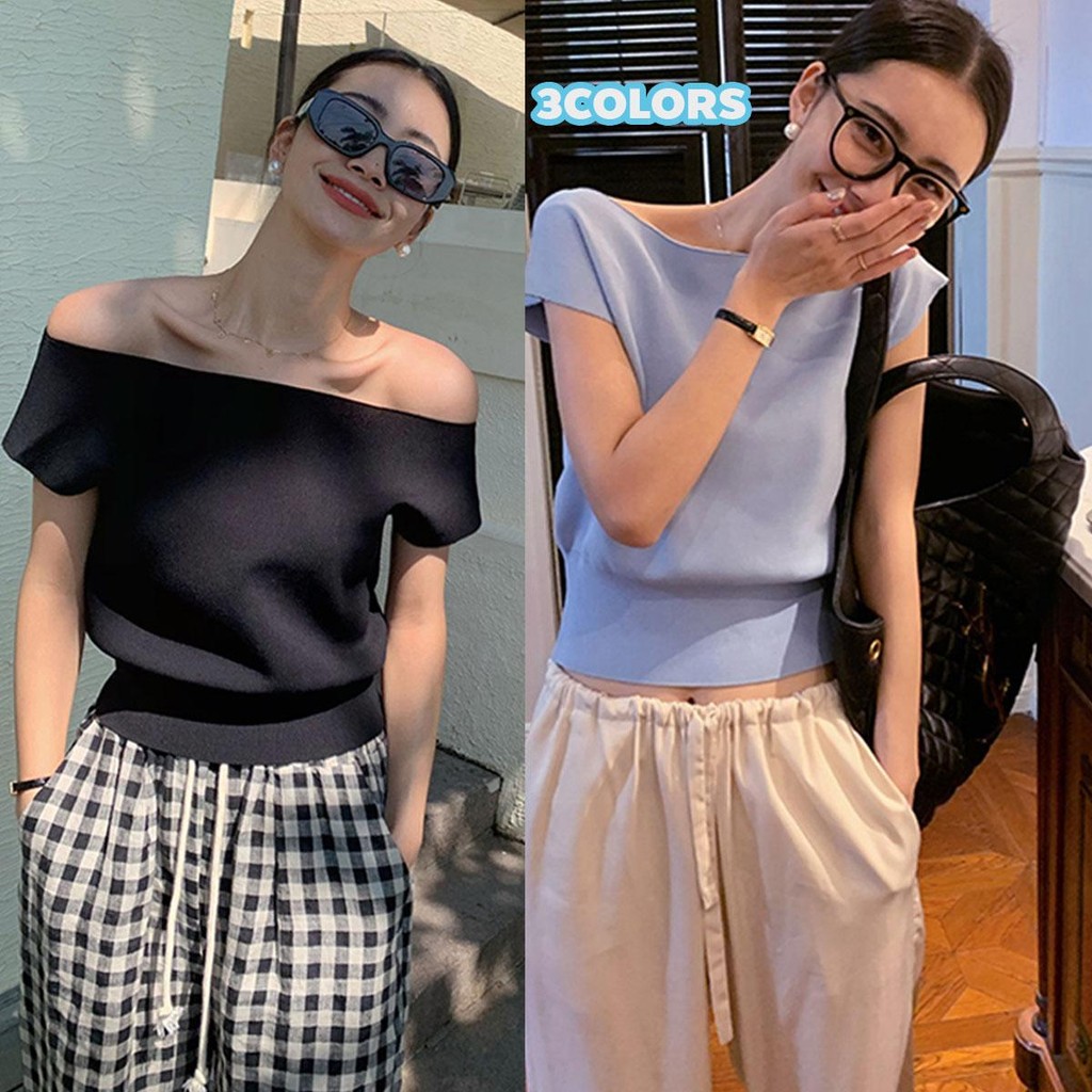 mimi&didi#เสื้อยืดไหมพรมสีพึ้น ทรงเปิดไหล่เซ็กซี่เล็กน้อย เรียบๆแมตช์ง่ายกับทุกชุด#1916