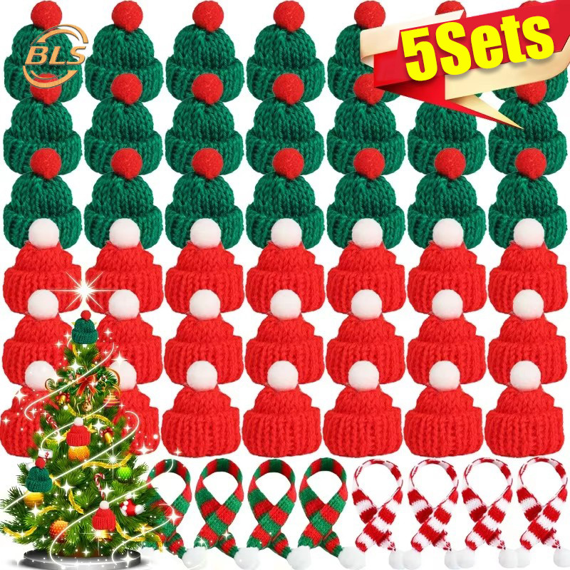 ผ้าคลุมขวดคริสต์มาส 5 ชิ้น - น่ารักมินิถักหมวกขนสัตว์และผ้าพันคอ - DIY Xmas Home Festival Party Dinner ตกแต่ง