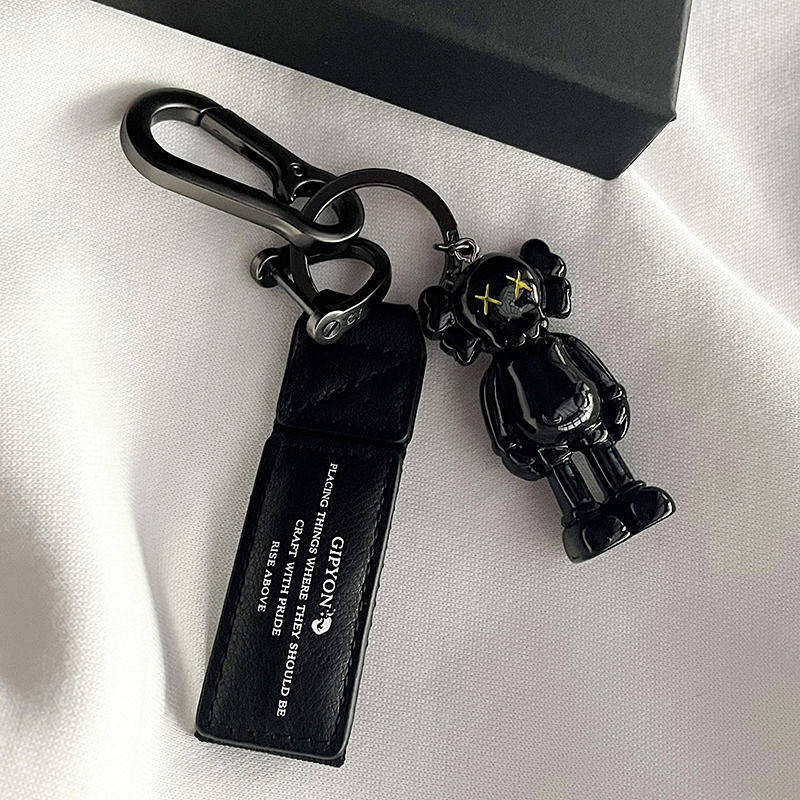 KAWS Violent Bear Leather Rope Car Key Ring Men's Ins Sesame Street Dark Black High-Grade Personality Key Chain Car decorations FDMS
