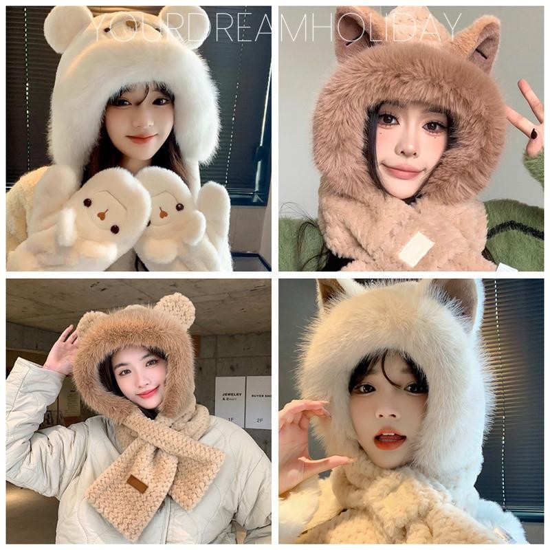 หมวกหูสุนัขจิ้งจอกหญิงฤดูหนาวหวานถักหมวกทําด้วยผ้าขนสัตว์ตุ๊กตาหมวกหนาและอบอุ่นป้องกันหู