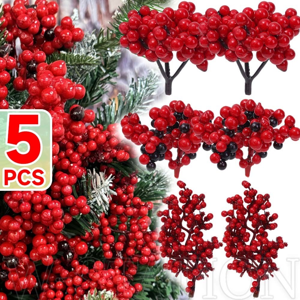 5 ชิ้นคริสต์มาสสีแดงผลไม้ Stem - ประดิษฐ์ Berry ตกแต่ง - โฟม Red Berries - อุปกรณ์พวงหรีด DIY - เครื่องประดับต้นคริสต์มาส - ปีใหม่ Party Home Decors