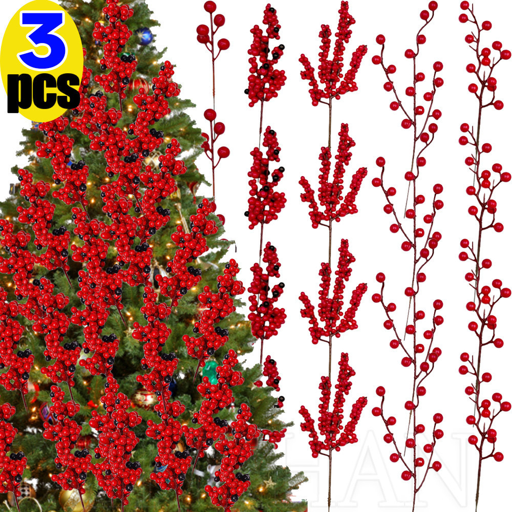 3 ชิ้นคริสต์มาส Holly Berry สาขา - พวงหรีด DIY Holly Berries ช่อดอกไม้ - แท่งผลไม้สีแดงประดิษฐ์ - เครื่องประดับต้นคริสต์มาส - ตกแต่งบ้านปาร์ตี้คริสต์มาส