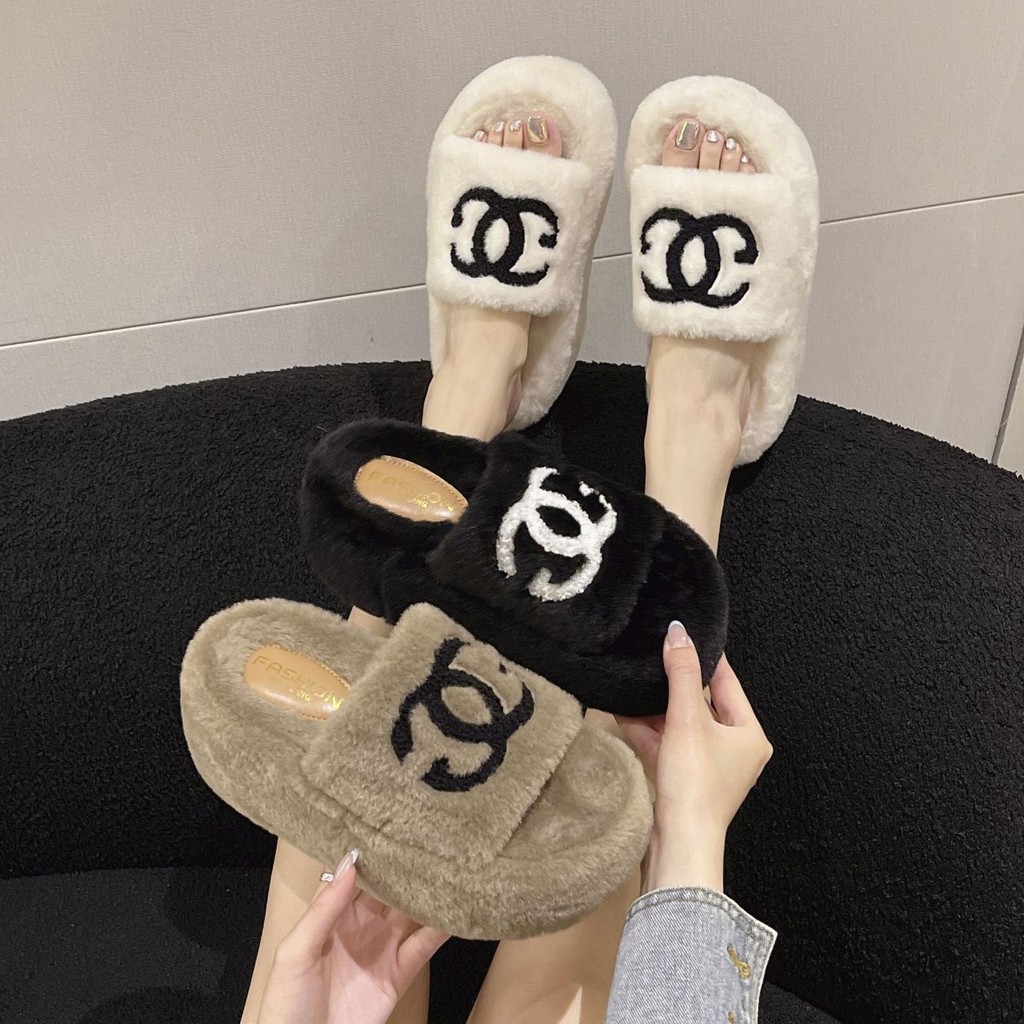 Furry รองเท้าแตะผู้หญิงรองเท้าแตะสไตล์ใหม่หนา Soled ฤดูใบไม้ร่วงฤดูหนาวทั้งหมด @