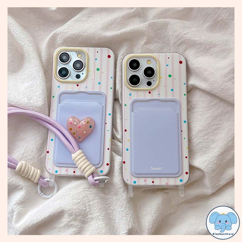 สีสันสดใสจุดกลมรักหัวใจเข้ากันได้เคสไอโฟน 16 17 air 13 11 15 12 14 XR Pro Max X XS Max 7Plus SEเชือกกระเป๋าสตางค์บัตรเคส