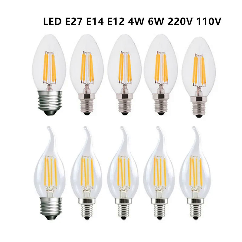 10PCS LED Filament Bulb E14 E27 E12 C35 C35L 220V 110 4W 6W Warm White Dimmable Glass 360 Degree Edi