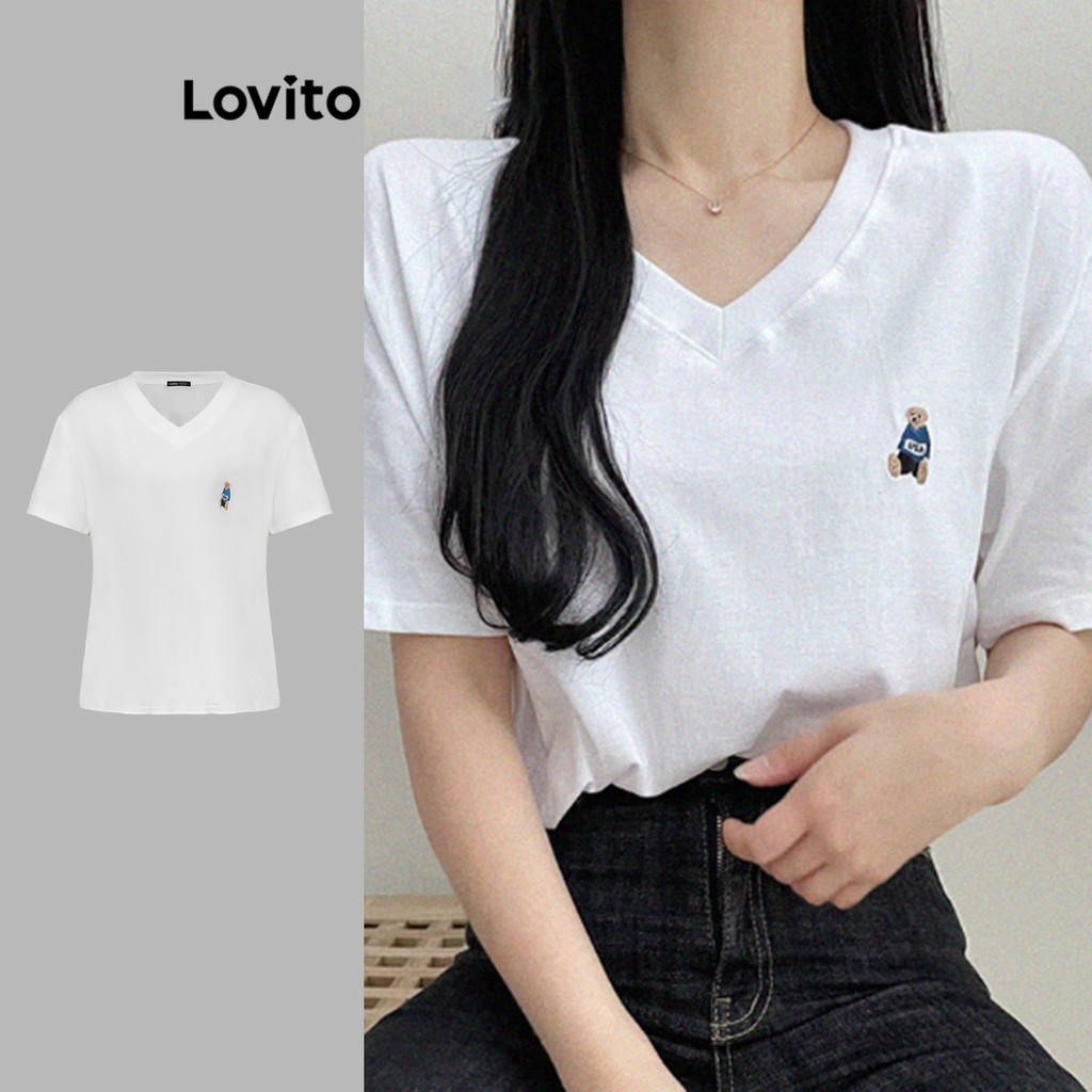 Lovito เสื้อยืดเย็บปักถักร้อยธรรมดาสบาย ๆ สำหรับผู้หญิง L104ED671