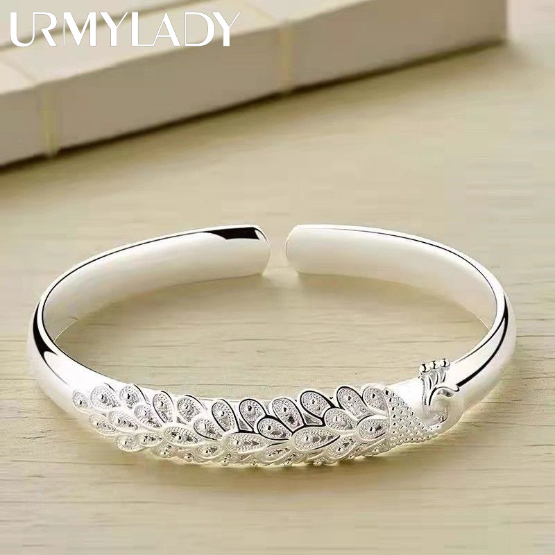 ใหม่ 925 เงินสเตอร์ลิงหรูหรานกยูงเปิดหน้าจอสร้อยข้อมือกําไลข้อมือสําหรับผู้หญิงเครื่องประดับแฟชั่น