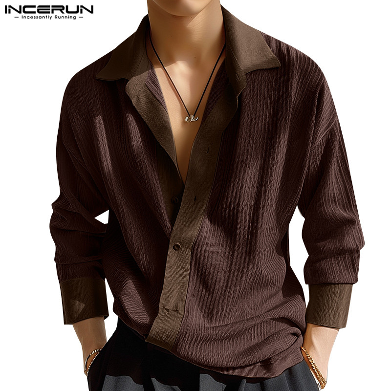 Incerun ผู้ชายเกาหลี Deconstructed Slash Placket เย็บเสื้อแขนยาวสี