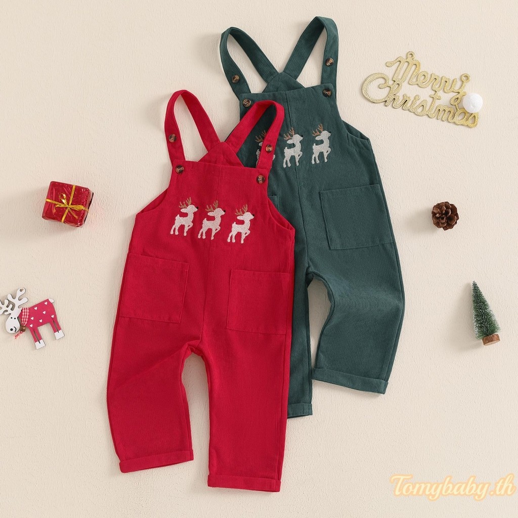 Tomybaby-ชุดเอี๊ยมเด็กลายคริสต์มาส กวางเรนเดียร์ แขนกุด สายเดี่ยว มีกระเป๋า ชุดจั๊มสูท สำหรับเด็กหญิงและเด็กชาย