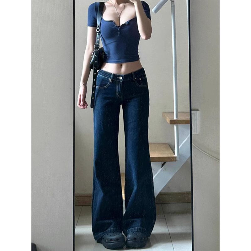 Retro Low-Waist Micro-Flare Jeans ผู้หญิงตรงผู้หญิงกางเกงขากว้างขาบาน