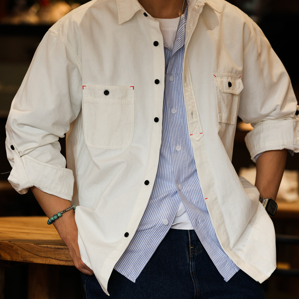 ญี่ปุ่น Retro Workwear เสื้อผู้ชายหลวม cityboy ความหนาแน่นสูงผ้าฝ้ายแท้สีขาว Tough Guy แจ็คเก็ตฤดูใบไม้ร่วง
