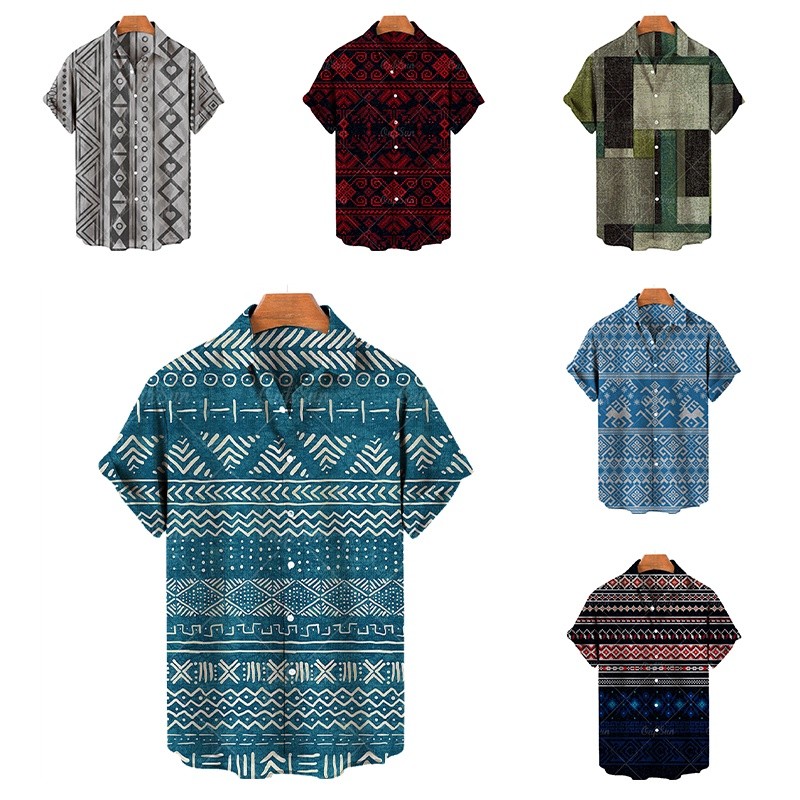 เสน่ห์ของผู้ชาย! สไตล์โบฮีเมี่ยน! เสื้อเชิ้ตแขนสั้นผู้ชายแฟชั่นเนื้อผ้าไหมสังเคราะห์ยืดหยุ่นสูงซึมผ่านสูงและประสิทธิภาพสูง
