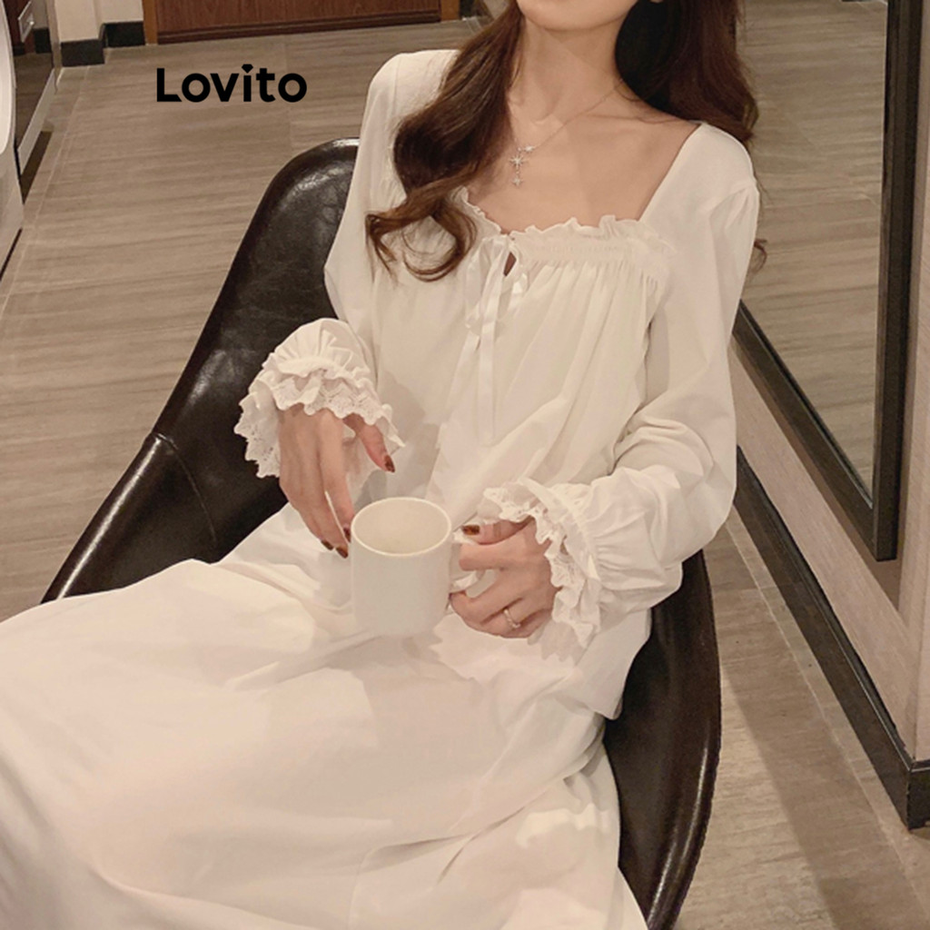 Lovito ชุดนอนกระโปรงผู้หญิง แต่งลูกไม้ สีพื้น สไตล์ลำลอง LNA27268 (สีขาว)