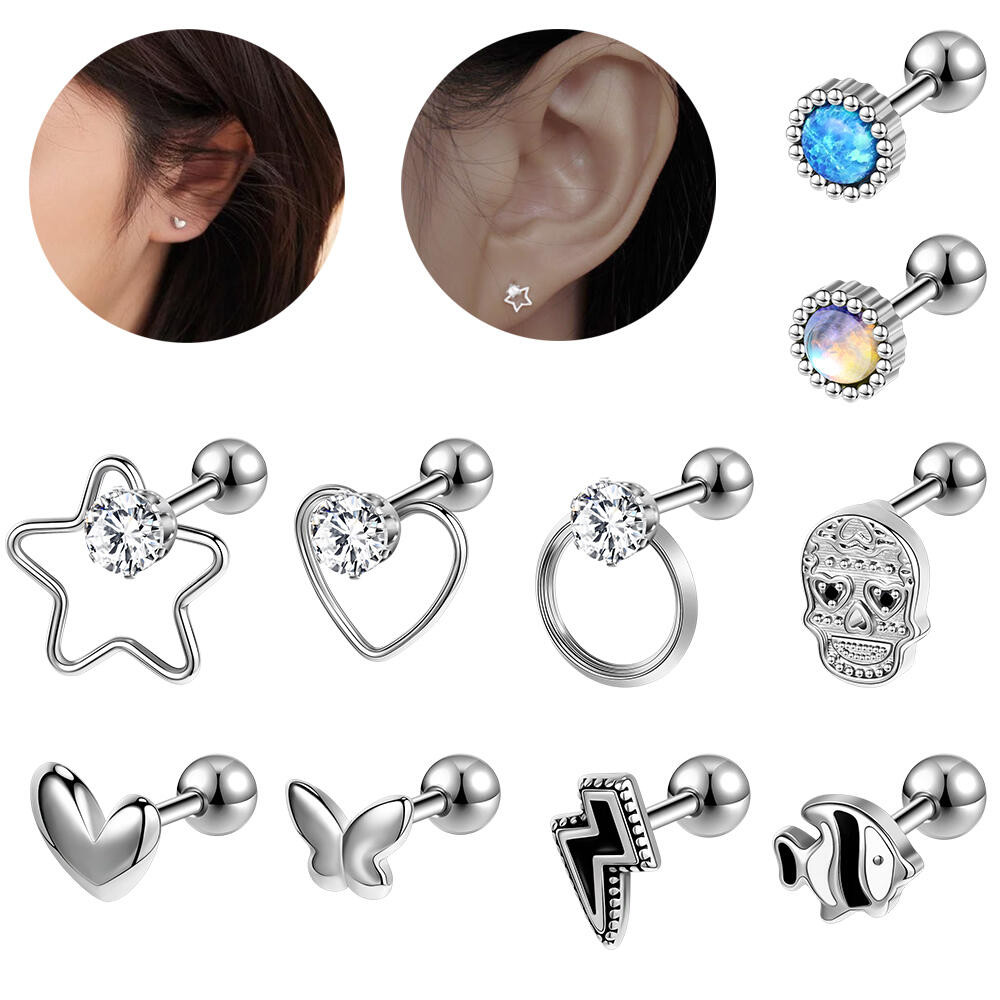 1 PC 16G สแตนเลสสตีลต่างหูคริสตัลด้ายภายนอกหูเจาะผีเสื้อหัวใจ Helix Conch กระดูกอ่อนเจาะต่างหูผู้หญิงเงินสีฟ้า