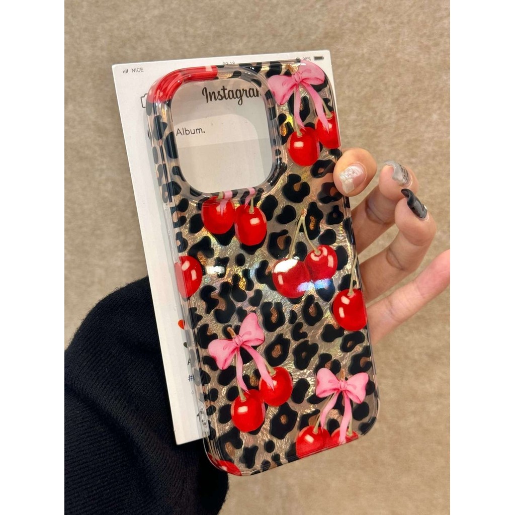 Imd พิมพ์เสือดาวเชอร์รี่เหมาะสําหรับ iPhone16promax เคสโทรศัพท์ Apple 15pro 14 เคสกันกระแทกสองด้าน QUFQ