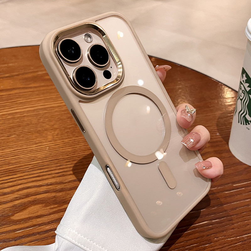โลหะหรูหราเลนส์โปร่งใสแม่เหล็กเคสโทรศัพท์ สําหรับ iPhone 16 15 14 13 12 11 Pro Max 16 Plus ทะเลทรายไทเทเนียมกันกระแทกอะคริลิฮาร์ดปก