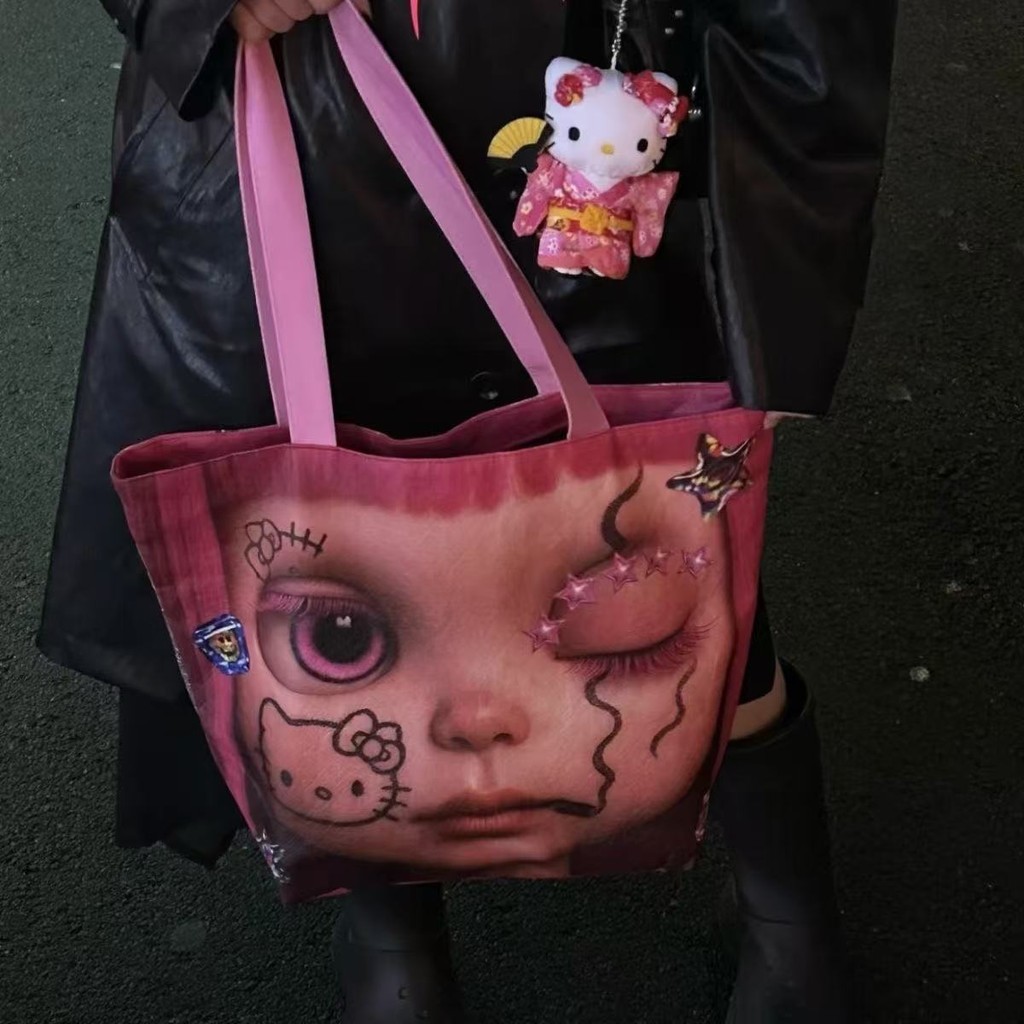 Y2K Aesthetic Kitty Y2K Baddie Aesthetic กระเป๋าสะพายความจุขนาดใหญ่สองด้านกระเป๋าถือกระเป๋า