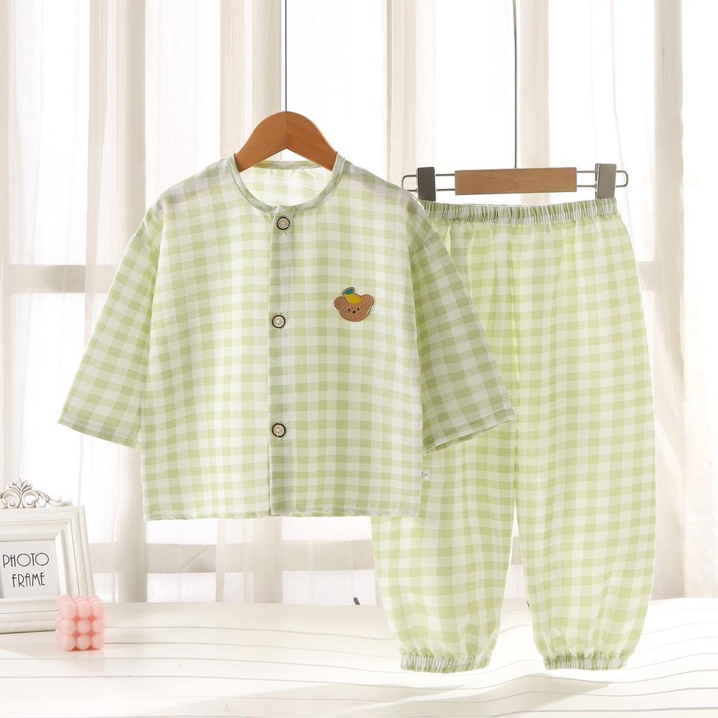 ชุดนอนเสื้อกางเกงขายาวสำหรับเด็กลายสก็อตสีสันสดใส ผ้าโพลีเอสเตอร์นม ระบายอากาศ“DA-S”【Kid's Kingdom66